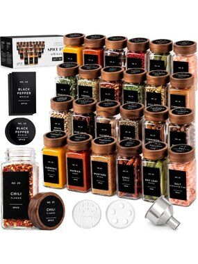 24 Glass Spice Jars with Acacia Wooden Lids & Black Labels - Kitchen Storage Set
